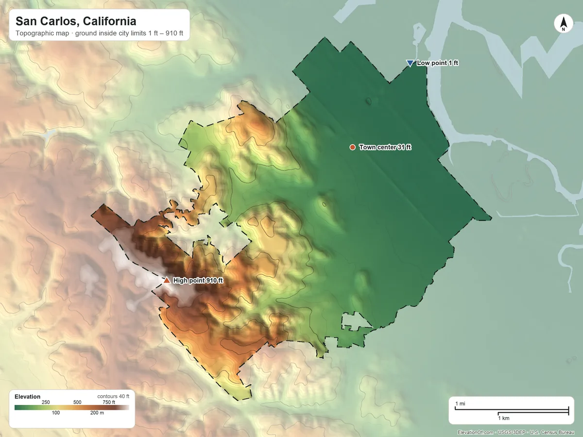 Topographic elevation map of San Carlos, California, shaded from 1 ft on the northeast side to 910 ft on the southwest side