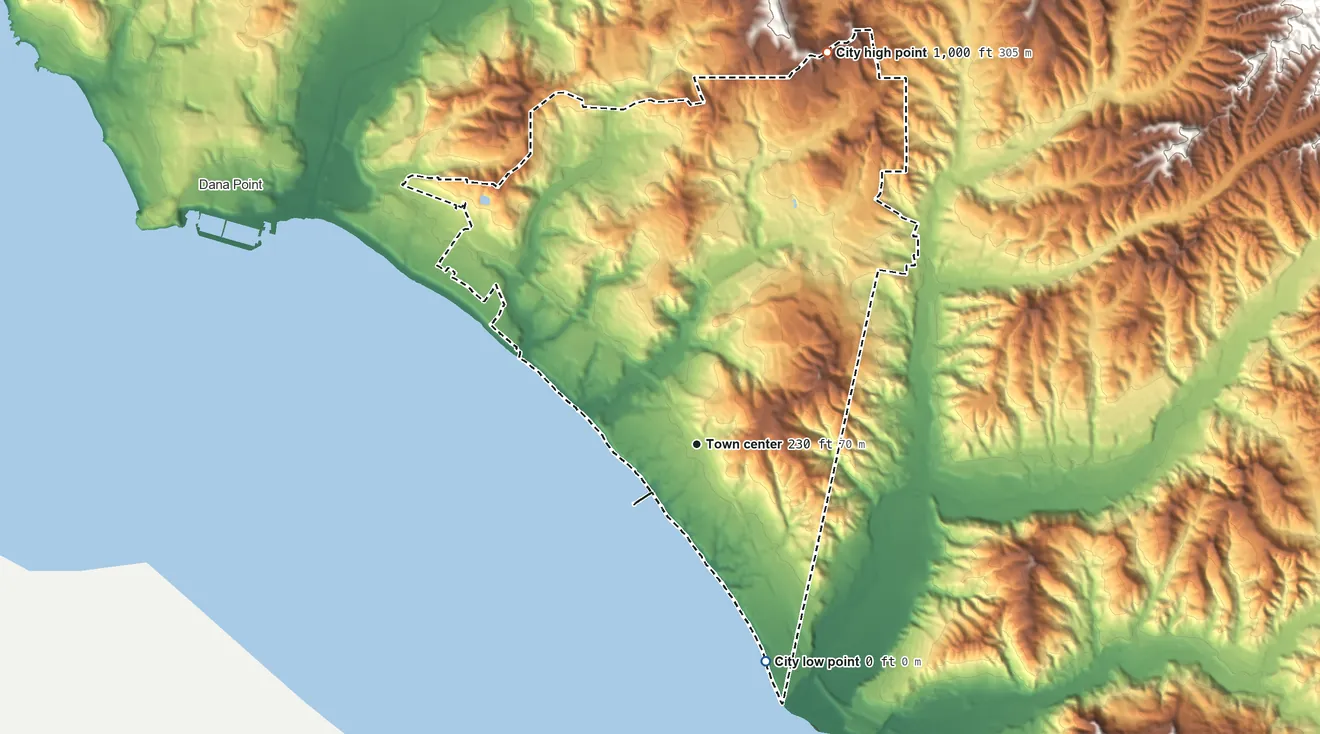 Topographic elevation map of San Clemente, California, shaded from sea level level on the Pacific Ocean to 1,000 ft on the north side