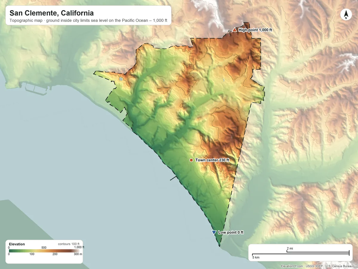 Topographic elevation map of San Clemente, California, shaded from sea level level on the Pacific Ocean to 1,000 ft on the north side
