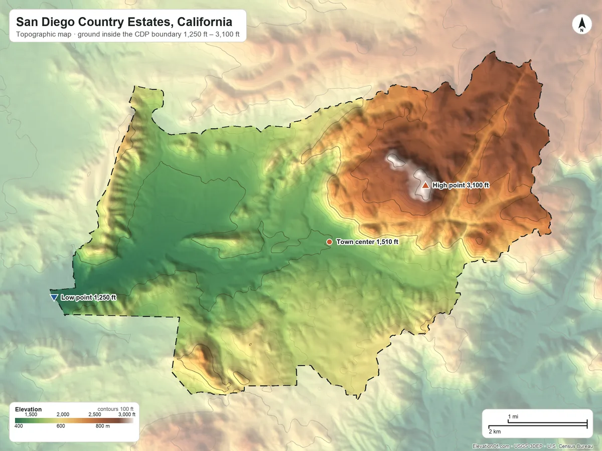 Topographic elevation map of San Diego Country Estates, California, shaded from 1,250 ft on the west side to 3,100 ft on Mount Gower