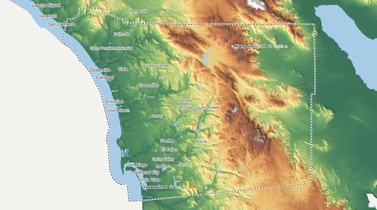Topographic elevation map of San Diego County, California, shaded from sea level on San Diego Bay to 6,500 ft on Hot Springs Mountain