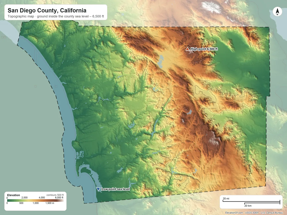 Topographic elevation map of San Diego County, California, shaded from sea level on San Diego Bay to 6,500 ft on Hot Springs Mountain