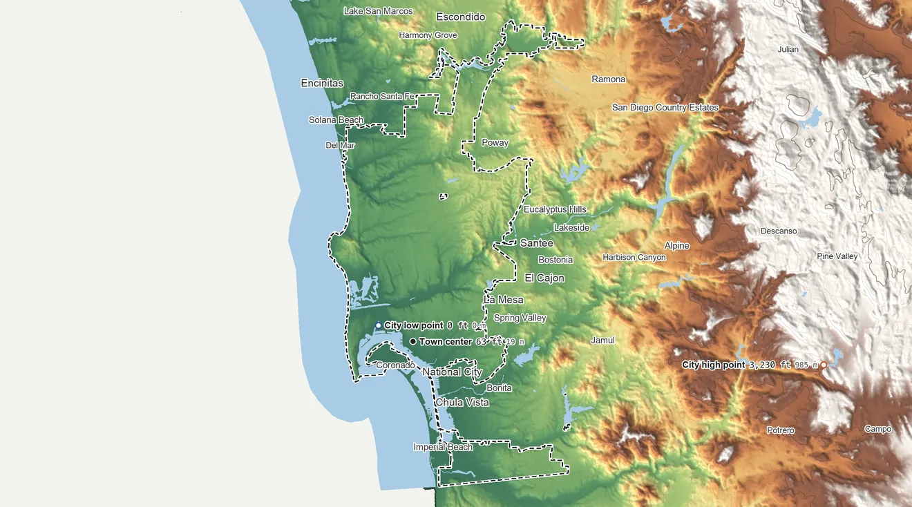 Topographic elevation map of San Diego, California, shaded from sea level level on San Diego Bay to 3,230 ft at the foot of the In-Ko-Pah Mountains