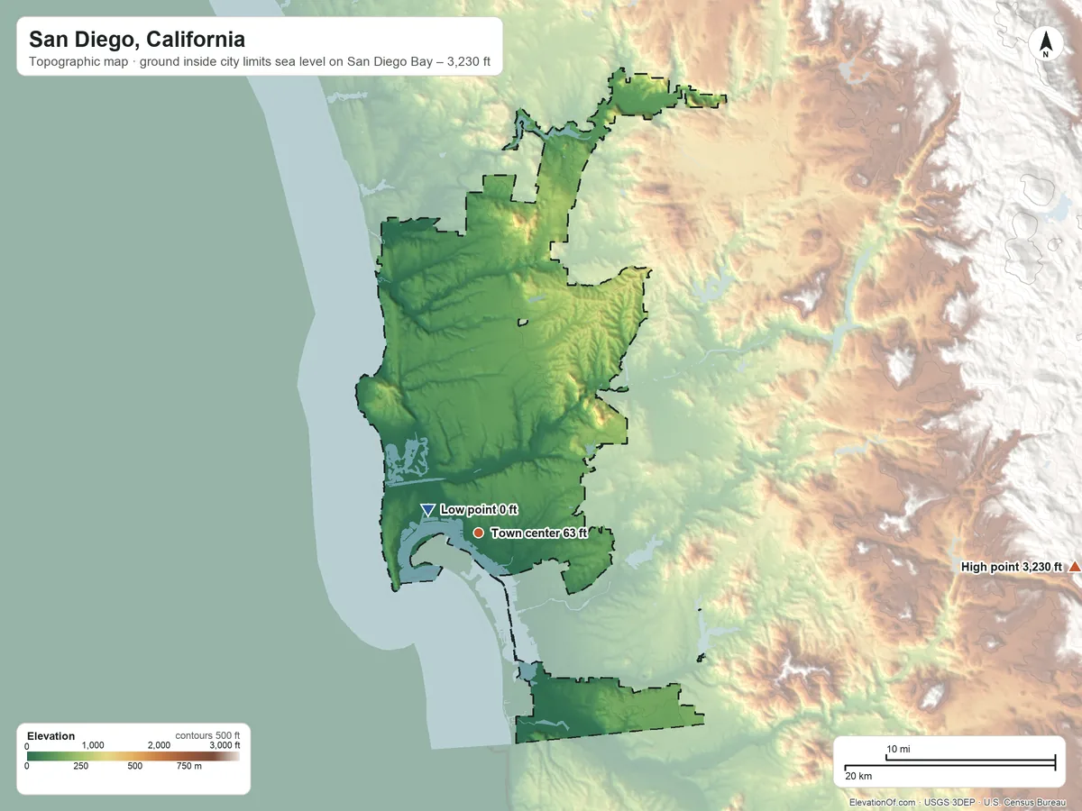 Topographic elevation map of San Diego, California, shaded from sea level level on San Diego Bay to 3,230 ft at the foot of the In-Ko-Pah Mountains