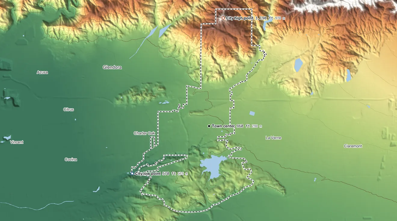 Topographic elevation map of San Dimas, California, shaded from 570 ft on the southwest side to 3,190 ft on Johnstone Peak