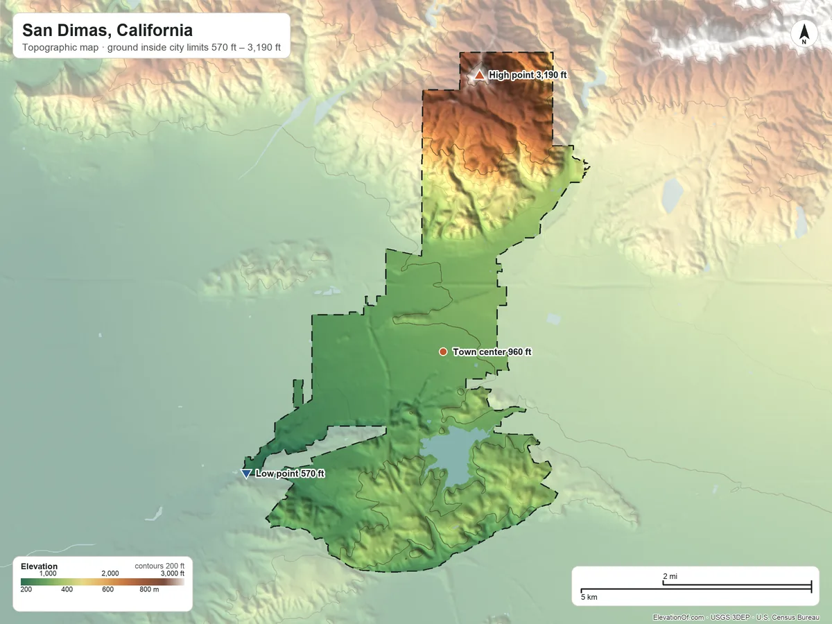 Topographic elevation map of San Dimas, California, shaded from 570 ft on the southwest side to 3,190 ft on Johnstone Peak