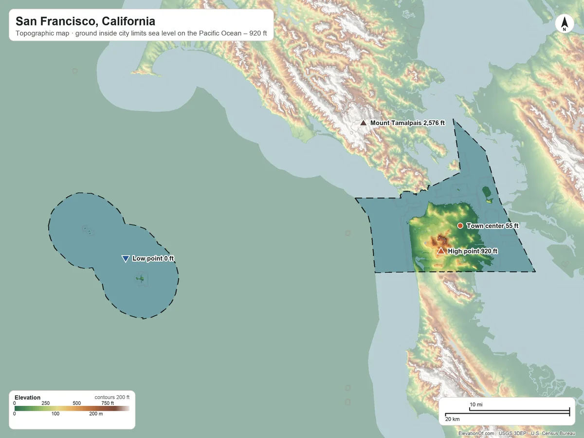Topographic elevation map of San Francisco, California, shaded from sea level level on the Pacific Ocean to 920 ft on Mount Davidson