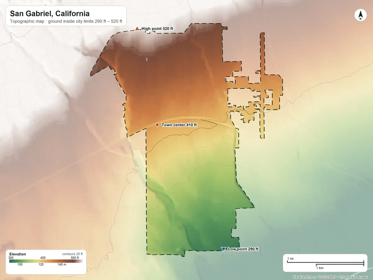 Topographic elevation map of San Gabriel, California, shaded from 290 ft on the southeast side to 520 ft on the north side