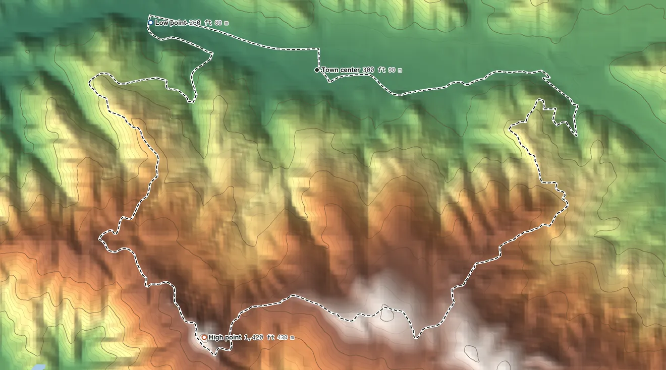 Topographic elevation map of San Geronimo, California, shaded from 260 ft on the west side to 1,420 ft on Green Hill