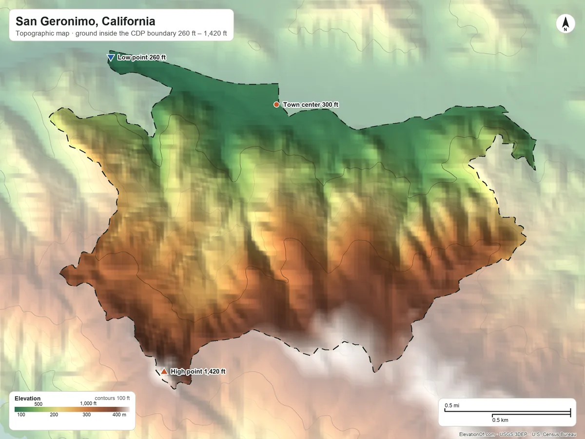 Topographic elevation map of San Geronimo, California, shaded from 260 ft on the west side to 1,420 ft on Green Hill