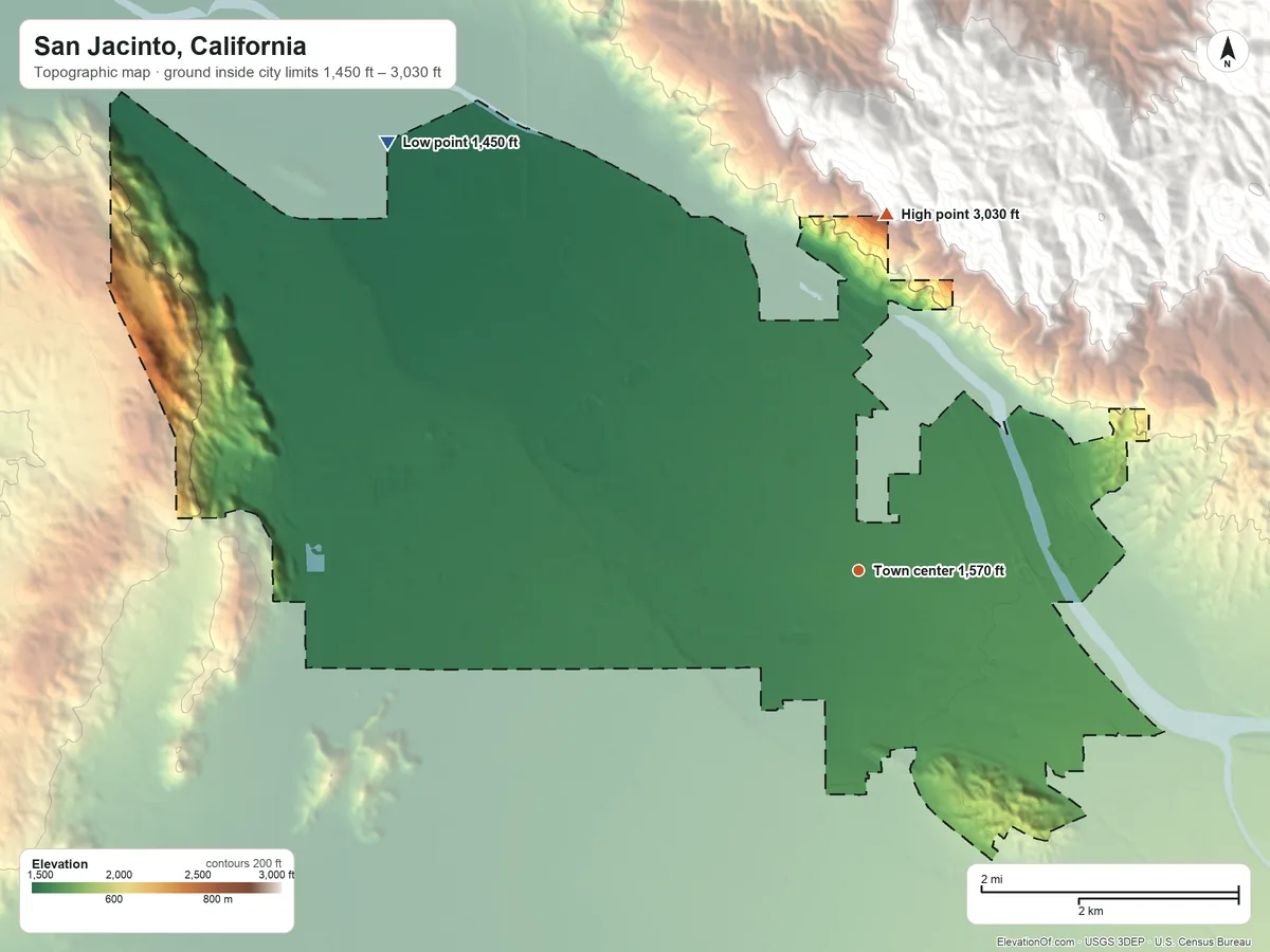 Topographic elevation map of San Jacinto, California, shaded from 1,450 ft on the northwest side to 3,030 ft at the foot of the Santa Rosa Hills