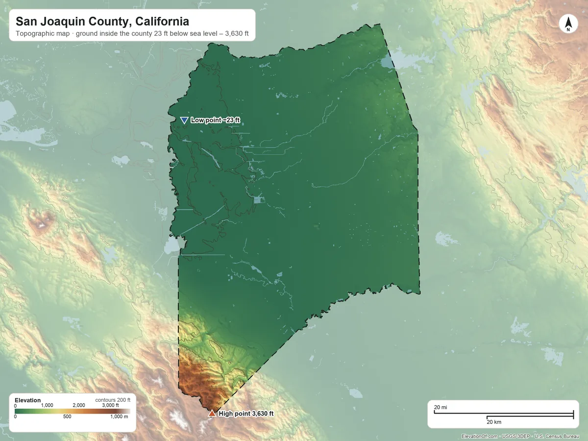 Topographic elevation map of San Joaquin County, California, shaded from 23 ft below sea level on the northwest side to 3,630 ft on the southwest side