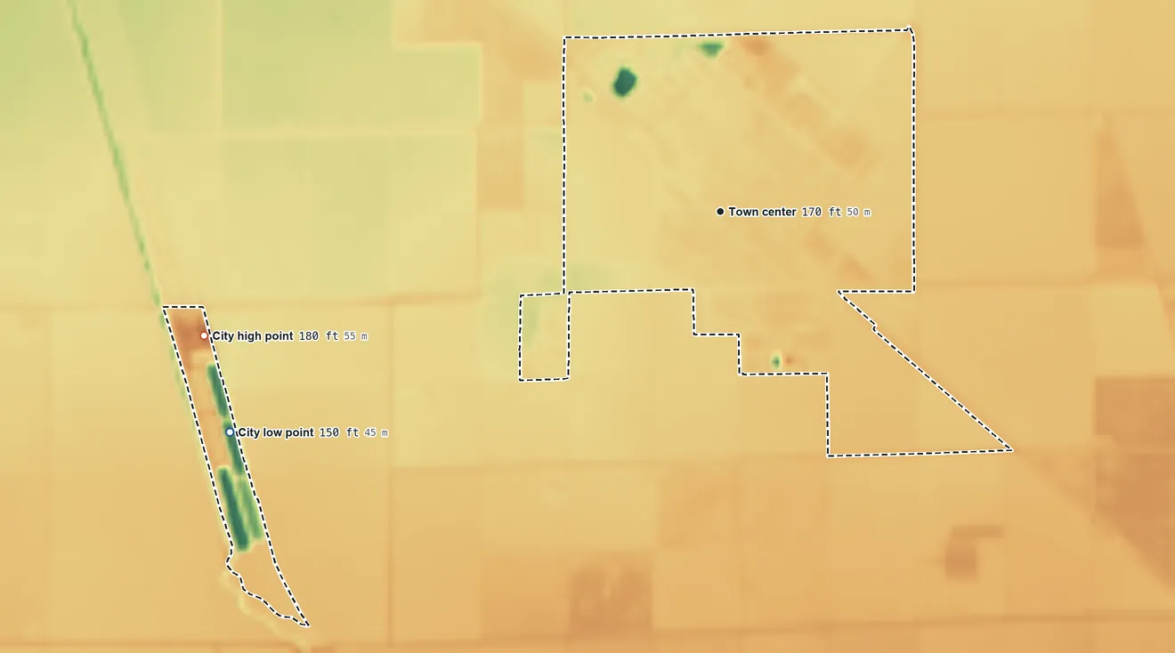 Topographic elevation map of San Joaquin, California, shaded from 150 ft on the southwest side to 180 ft on the west side