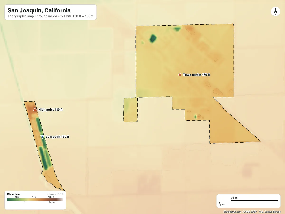 Topographic elevation map of San Joaquin, California, shaded from 150 ft on the southwest side to 180 ft on the west side