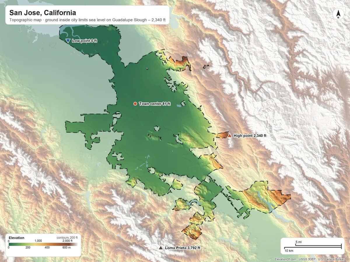 Topographic elevation map of San Jose, California, shaded from sea level level on Guadalupe Slough to 2,340 ft on the east side