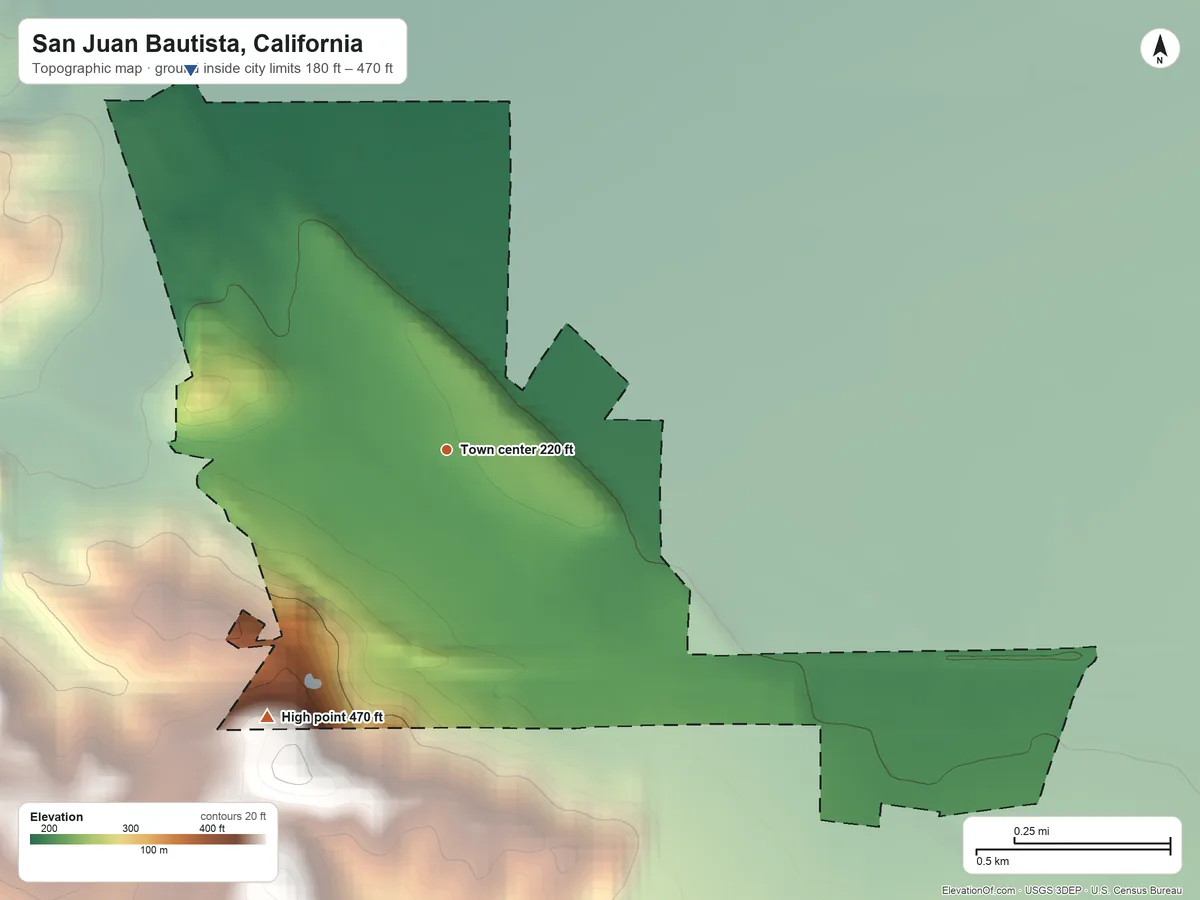 Topographic elevation map of San Juan Bautista, California, shaded from 180 ft on the northwest side to 470 ft on the southwest edge, below higher ground just outside