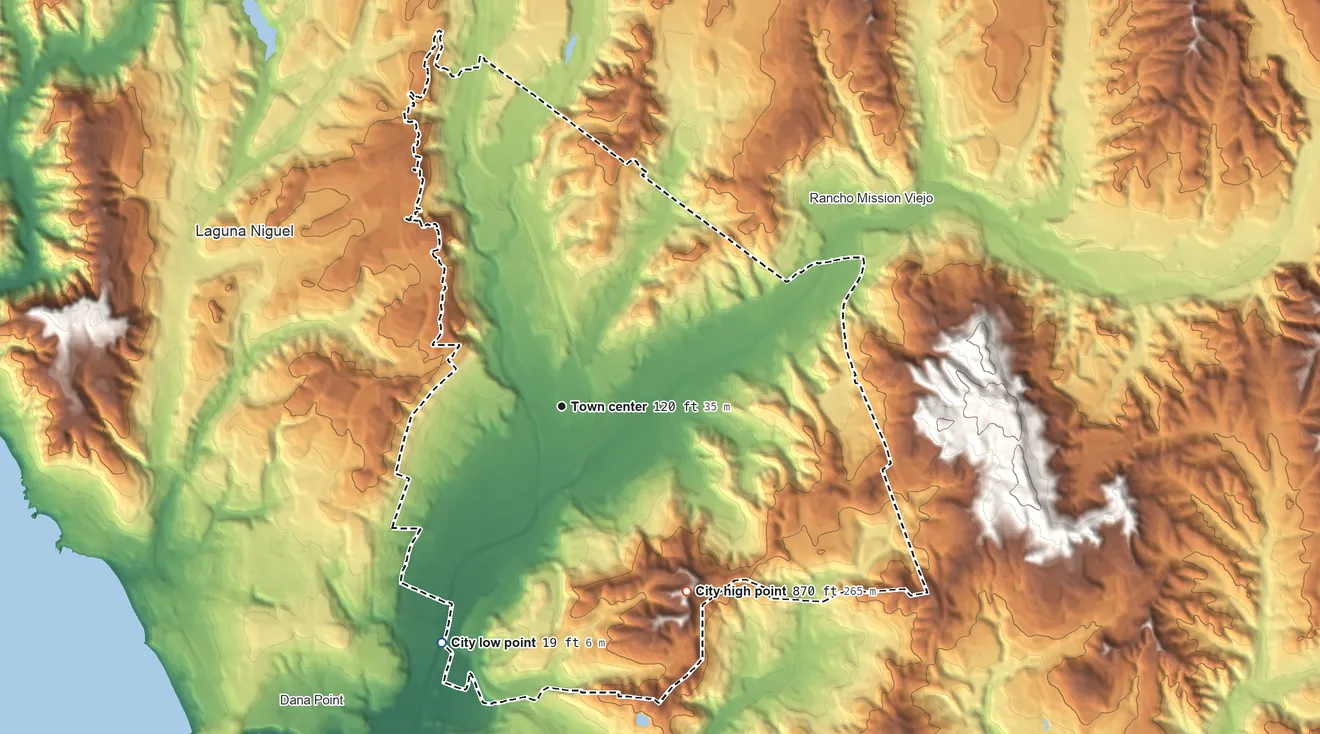 Topographic elevation map of San Juan Capistrano, California, shaded from 19 ft on the southwest side to 870 ft on the southeast side