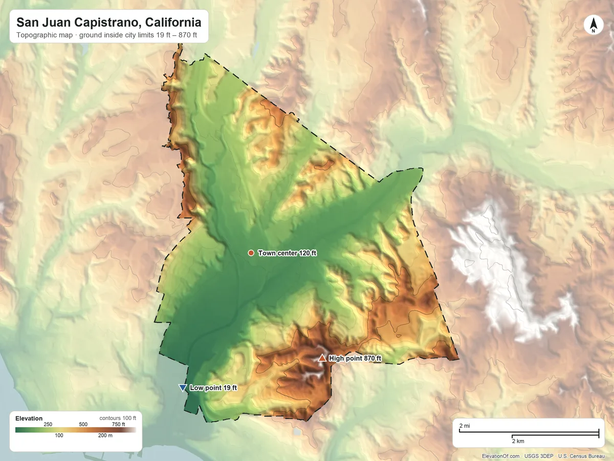Topographic elevation map of San Juan Capistrano, California, shaded from 19 ft on the southwest side to 870 ft on the southeast side