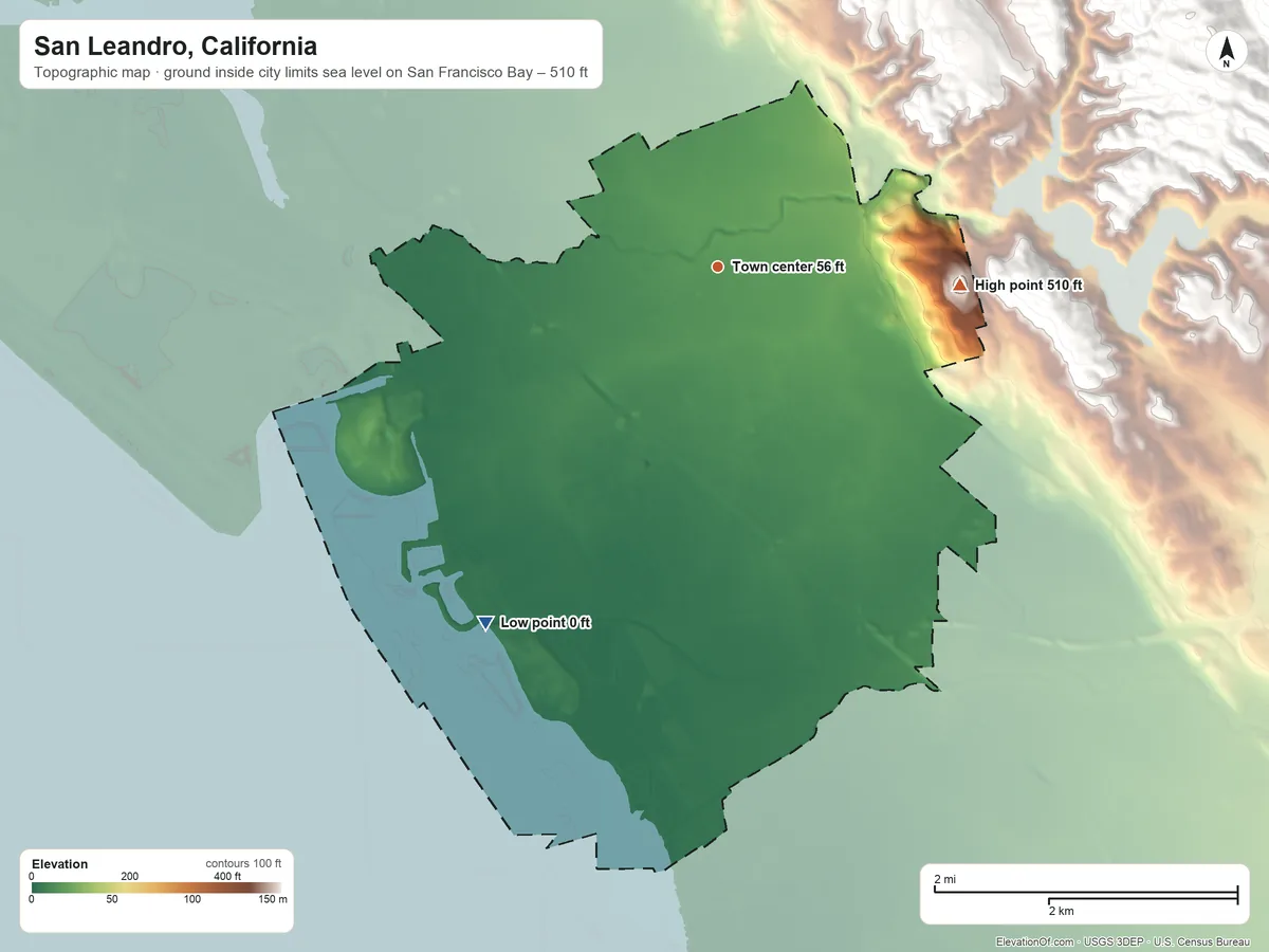 Topographic elevation map of San Leandro, California, shaded from sea level level on San Francisco Bay to 510 ft on the east side