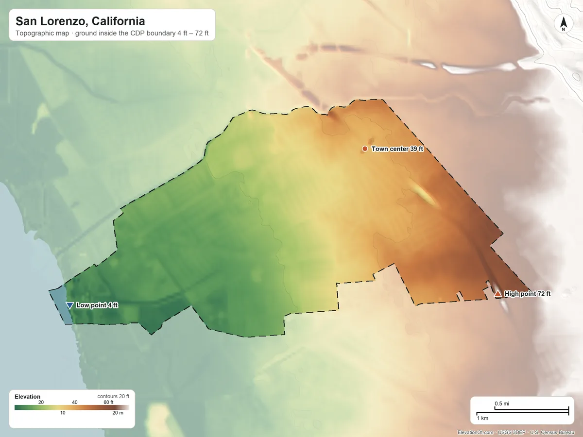 Topographic elevation map of San Lorenzo, California, shaded from 4 ft on the southwest side to 72 ft on the southeast side