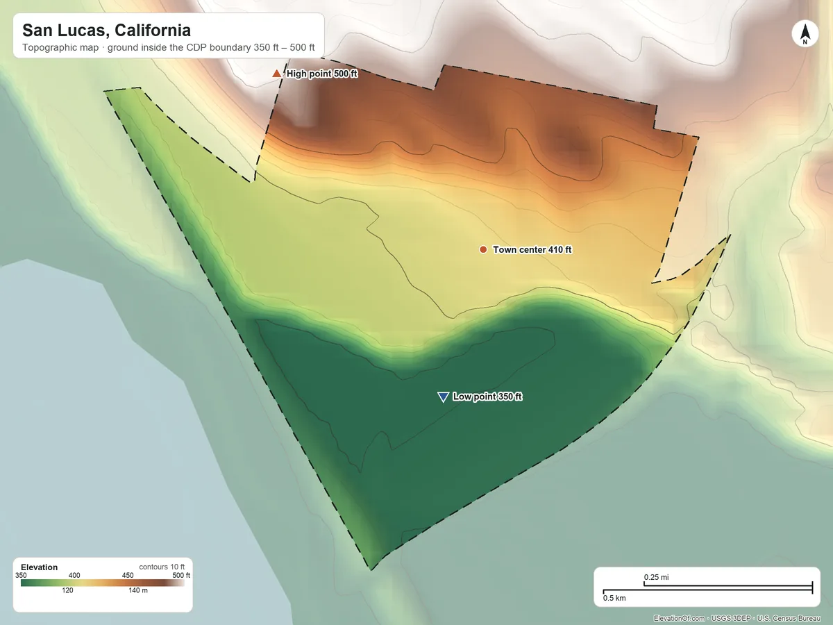 Topographic elevation map of San Lucas, California, shaded from 350 ft on the south side to 500 ft on the northwest side