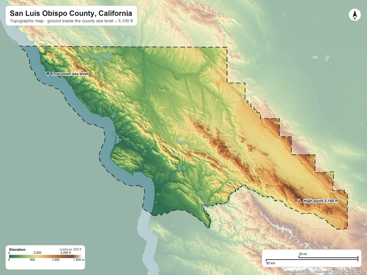 Topographic elevation map of San Luis Obispo County, California, shaded from sea level on the Pacific Ocean to 5,100 ft on Caliente Mountain