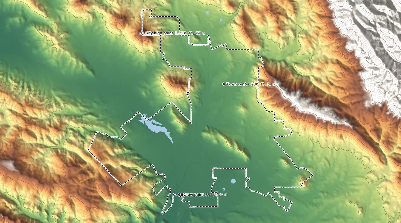Topographic elevation map of San Luis Obispo, California, shaded from 89 ft on the southwest side to 1,510 ft on Bishop Peak