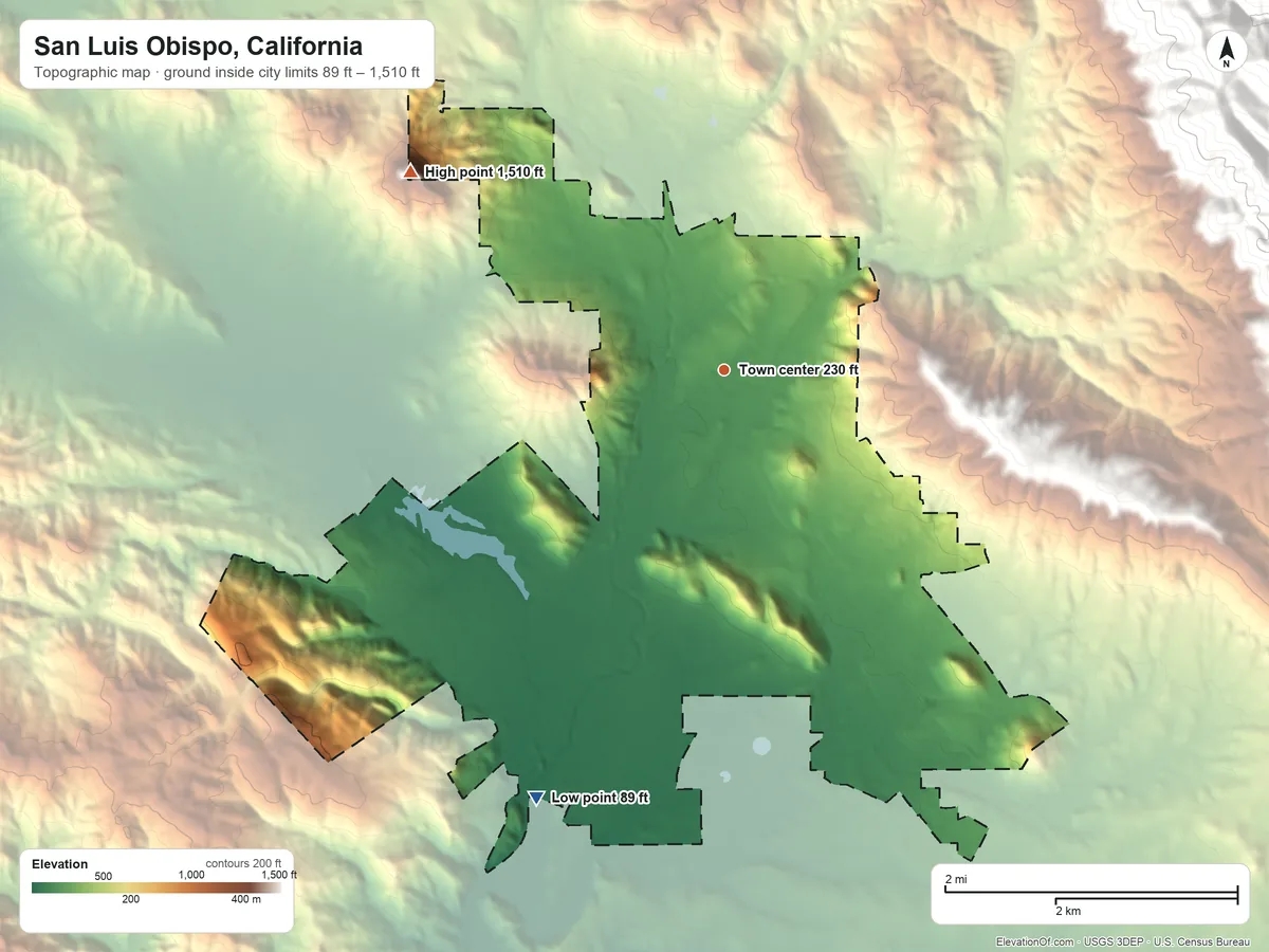 Topographic elevation map of San Luis Obispo, California, shaded from 89 ft on the southwest side to 1,510 ft on Bishop Peak
