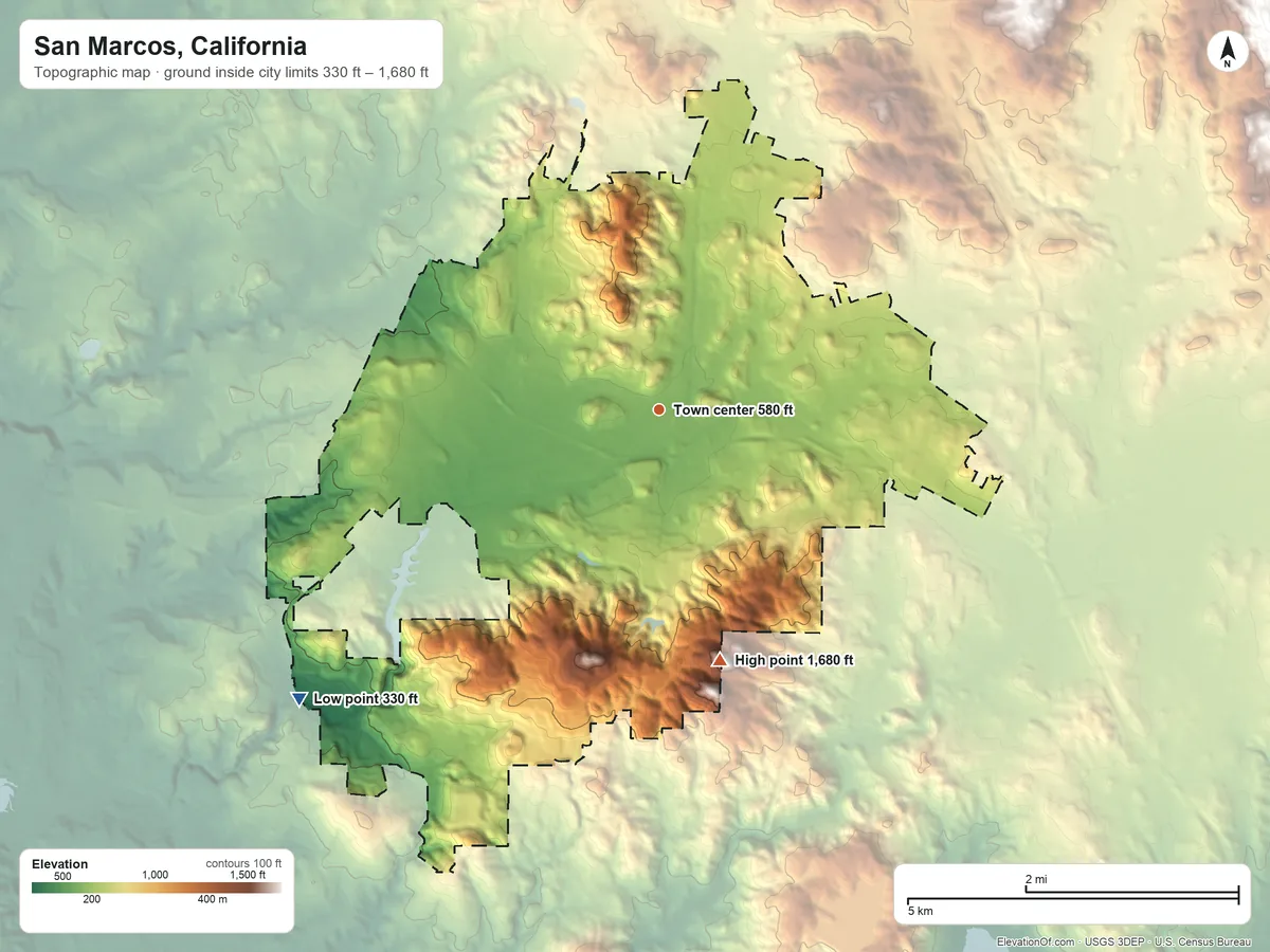 Topographic elevation map of San Marcos, California, shaded from 330 ft on the southwest side to 1,680 ft on the south edge, below higher ground just outside