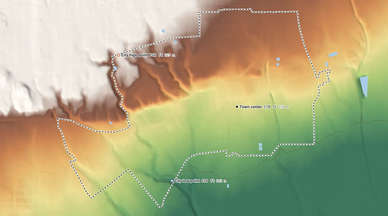 Topographic elevation map of San Marino, California, shaded from 480 ft on the southwest side to 740 ft on the northwest side