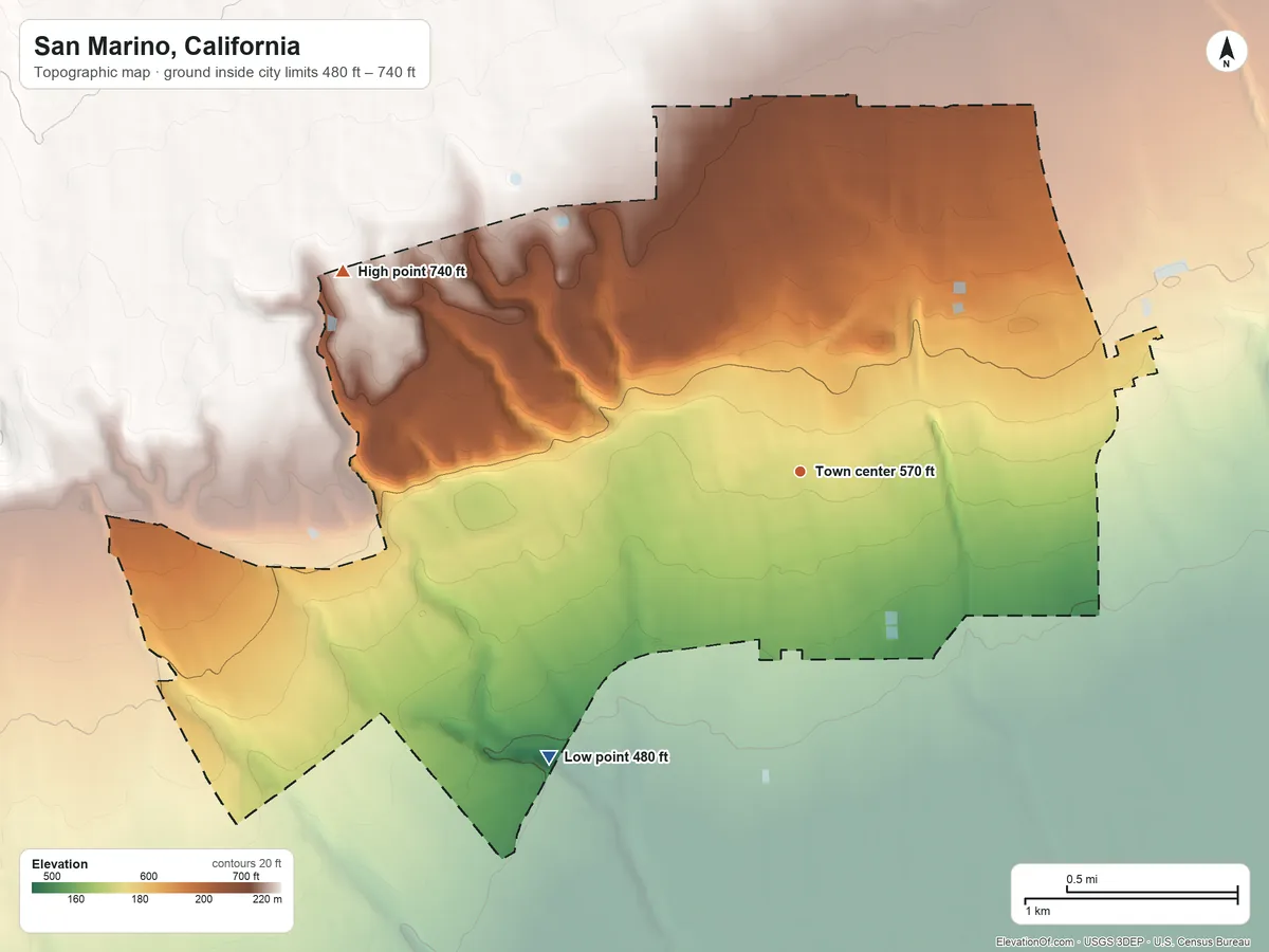 Topographic elevation map of San Marino, California, shaded from 480 ft on the southwest side to 740 ft on the northwest side