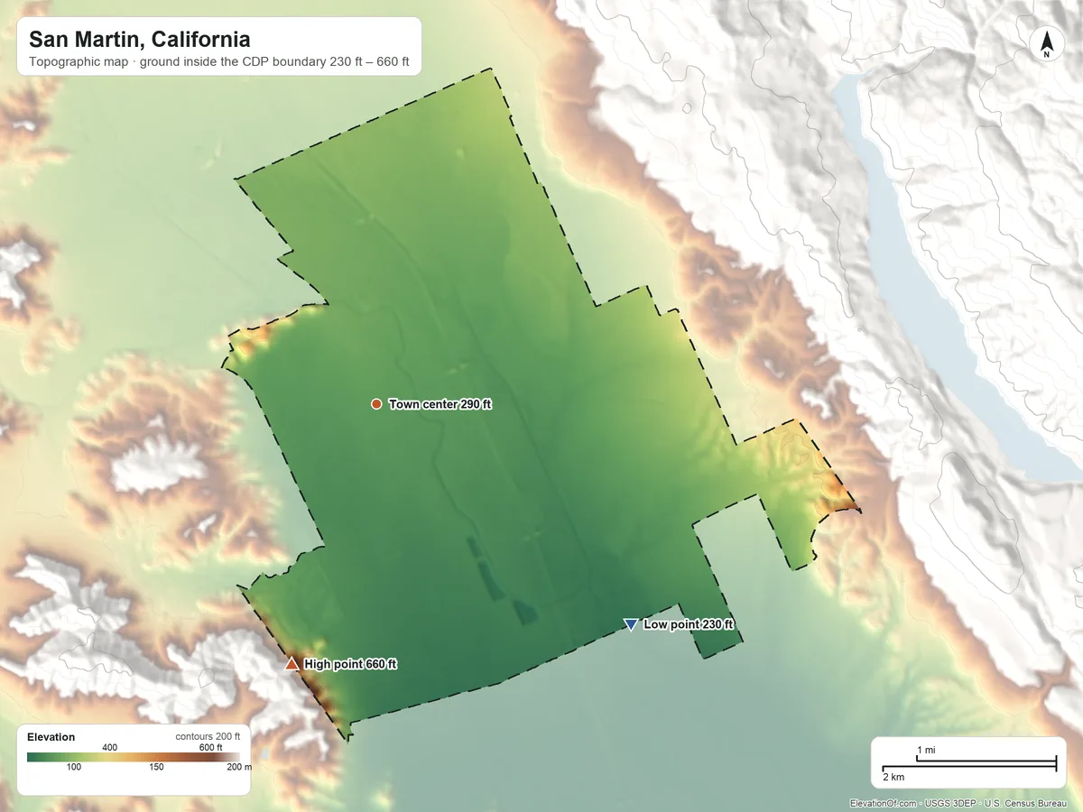 Topographic elevation map of San Martin, California, shaded from 230 ft on the southeast side to 660 ft at the foot of the Santa Teresa Hills
