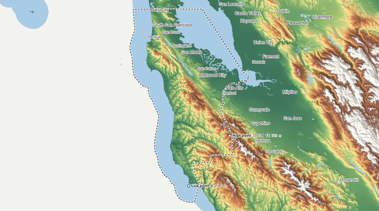 Topographic elevation map of San Mateo County, California, shaded from sea level on the Pacific Ocean to 2,610 ft on the southeast side
