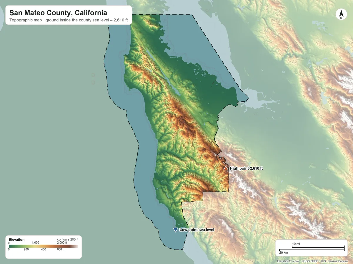 Topographic elevation map of San Mateo County, California, shaded from sea level on the Pacific Ocean to 2,610 ft on the southeast side