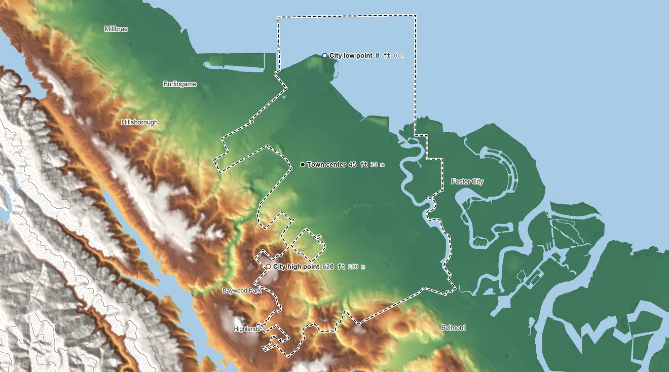 Topographic elevation map of San Mateo, California, shaded from sea level level on San Francisco Bay to 620 ft on the south side