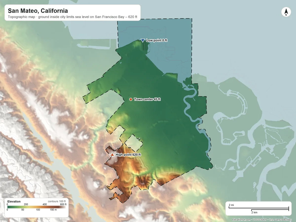 Topographic elevation map of San Mateo, California, shaded from sea level level on San Francisco Bay to 620 ft on the south side