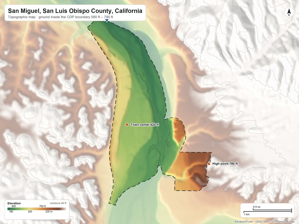 Topographic elevation map of San Miguel, San Luis Obispo County, California, shaded from 580 ft on the north side to 780 ft on the southeast edge, below higher ground just outside
