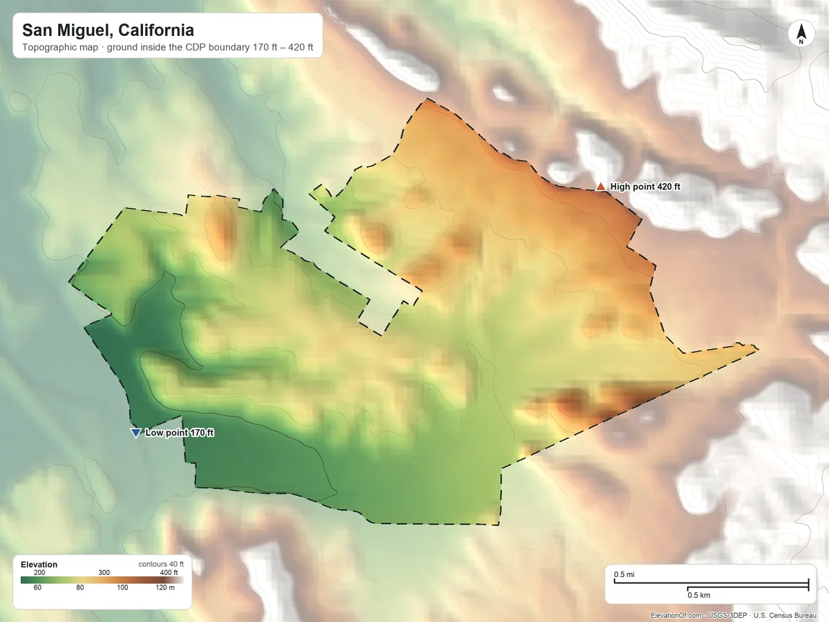 Topographic elevation map of San Miguel, California, shaded from 170 ft on the west side to 420 ft at the foot of the Hemme Hills