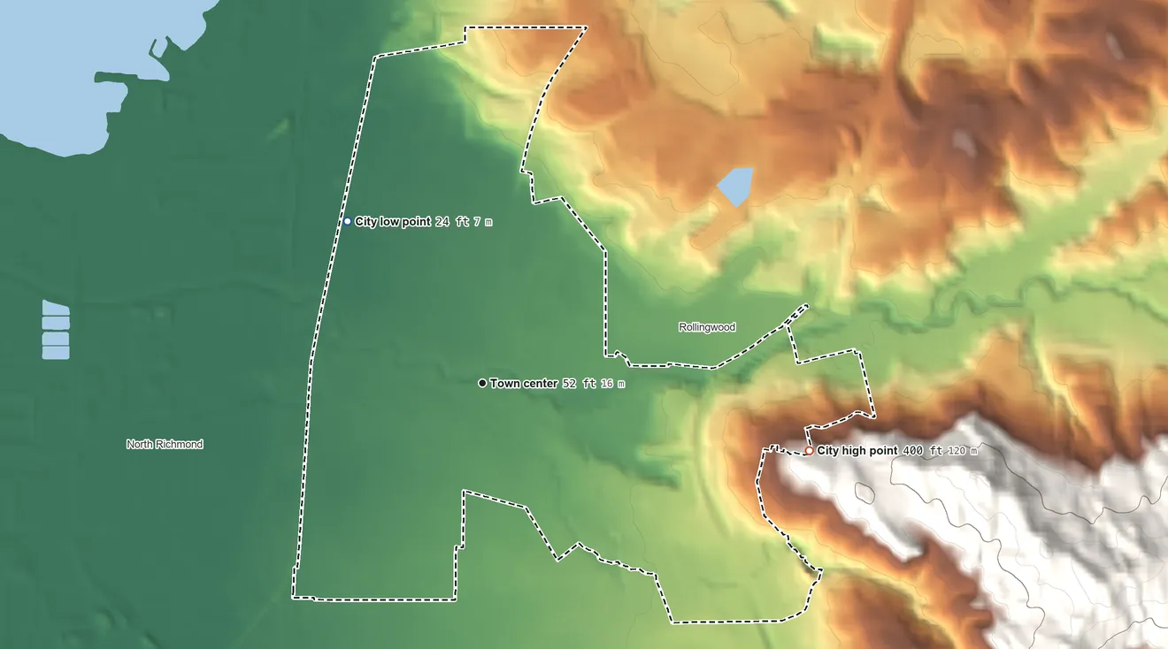 Topographic elevation map of San Pablo, California, shaded from 24 ft on the northwest side to 400 ft at the foot of the Black Hills