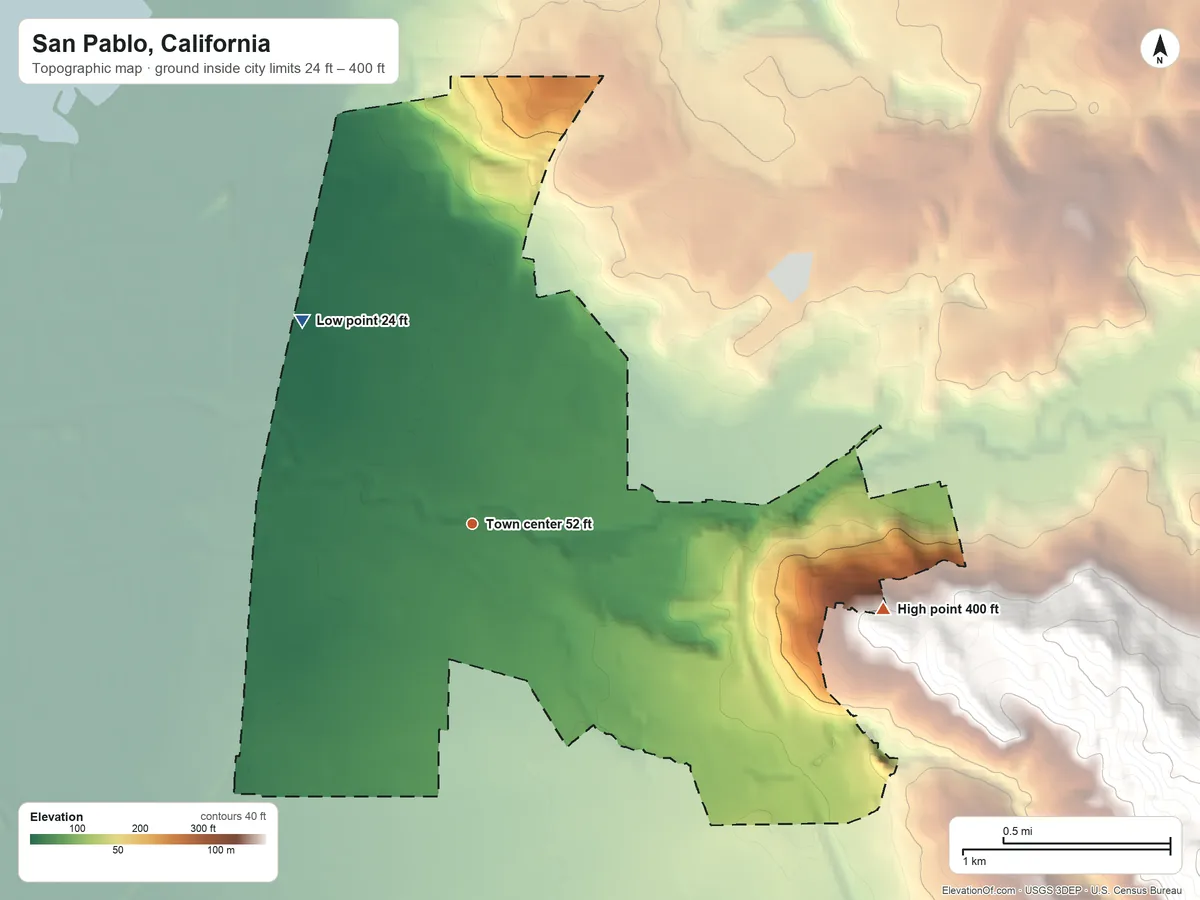 Topographic elevation map of San Pablo, California, shaded from 24 ft on the northwest side to 400 ft at the foot of the Black Hills