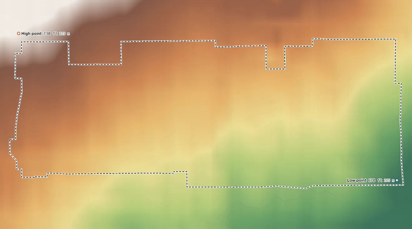 Topographic elevation map of San Pasqual, California, shaded from 670 ft on the southeast side to 730 ft on the west side