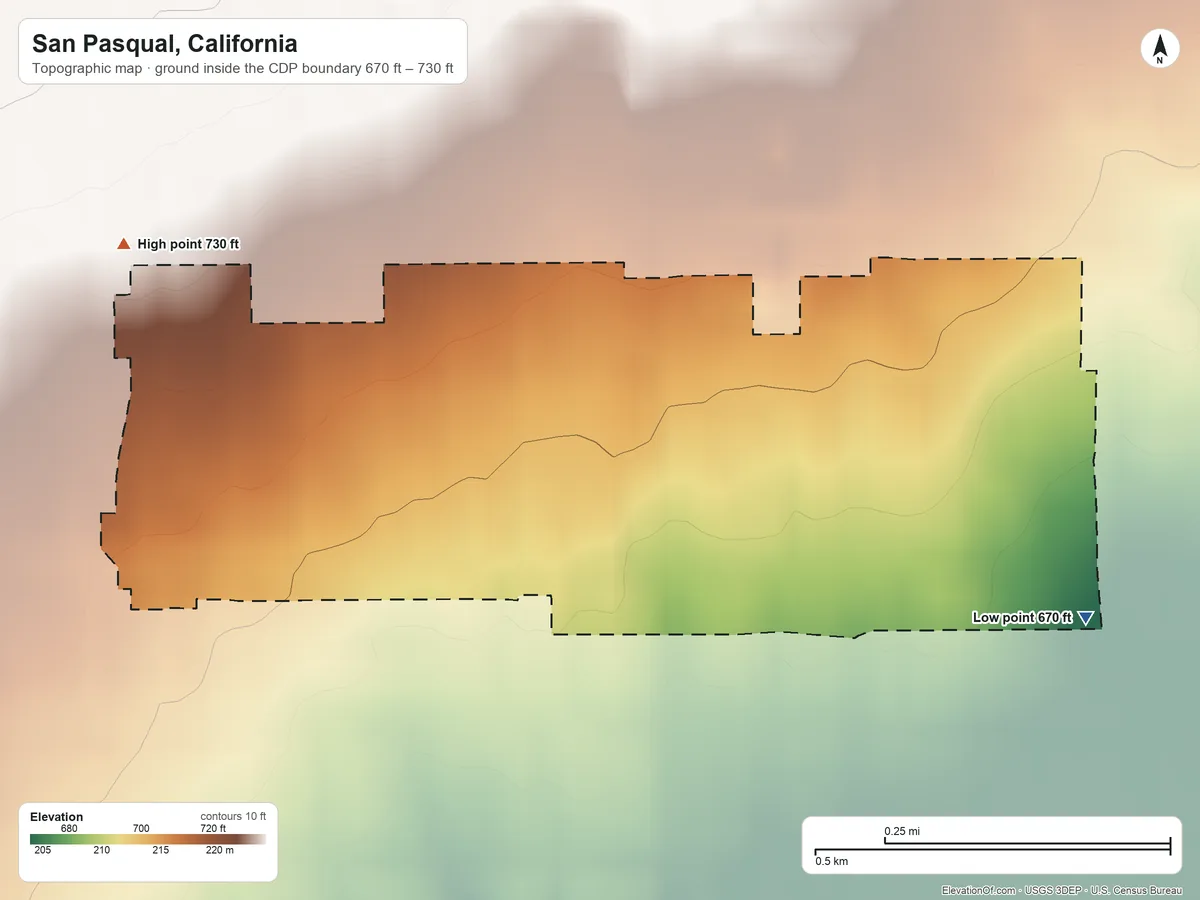 Topographic elevation map of San Pasqual, California, shaded from 670 ft on the southeast side to 730 ft on the west side