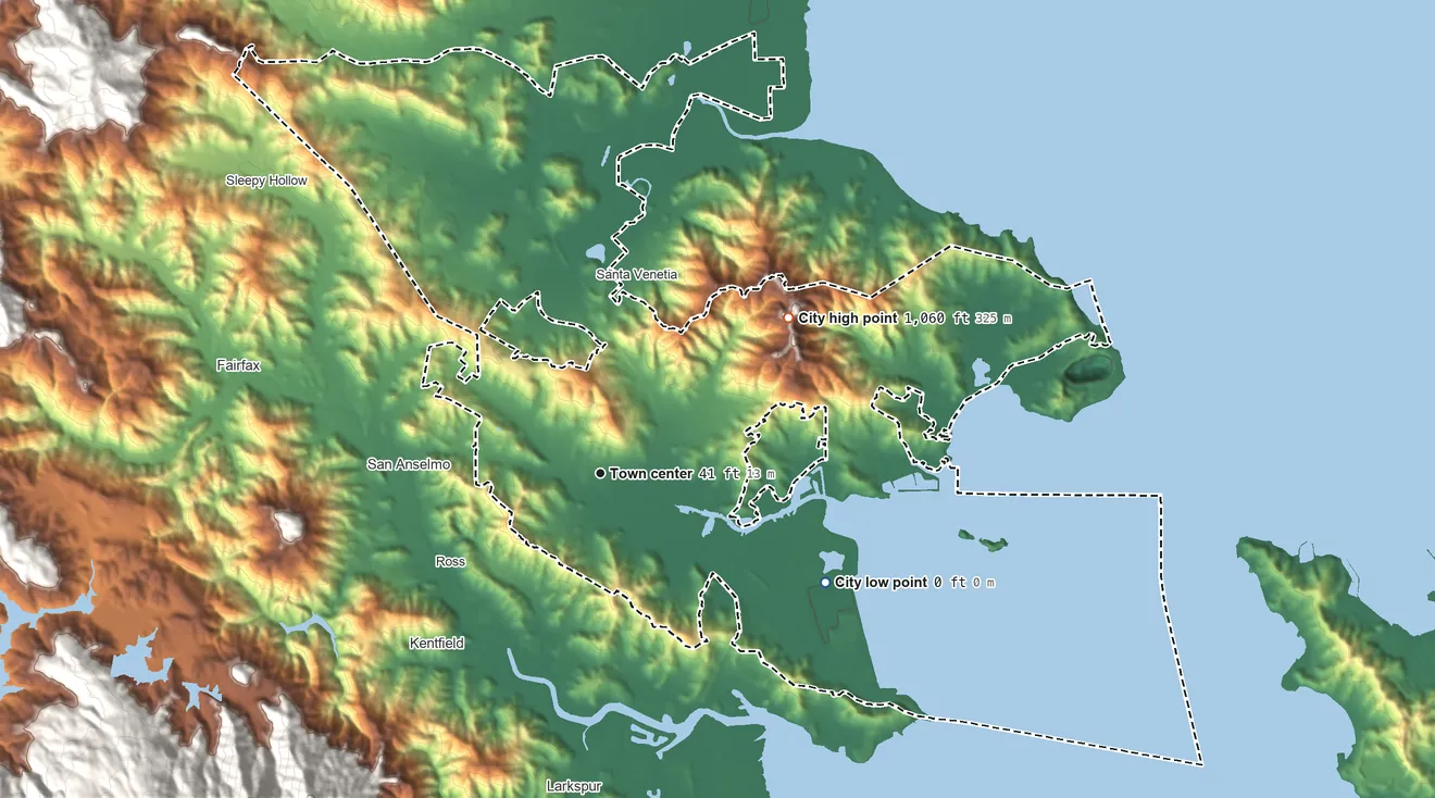 Topographic elevation map of San Rafael, California, shaded from sea level level on San Rafael Bay to 1,060 ft on the northeast side