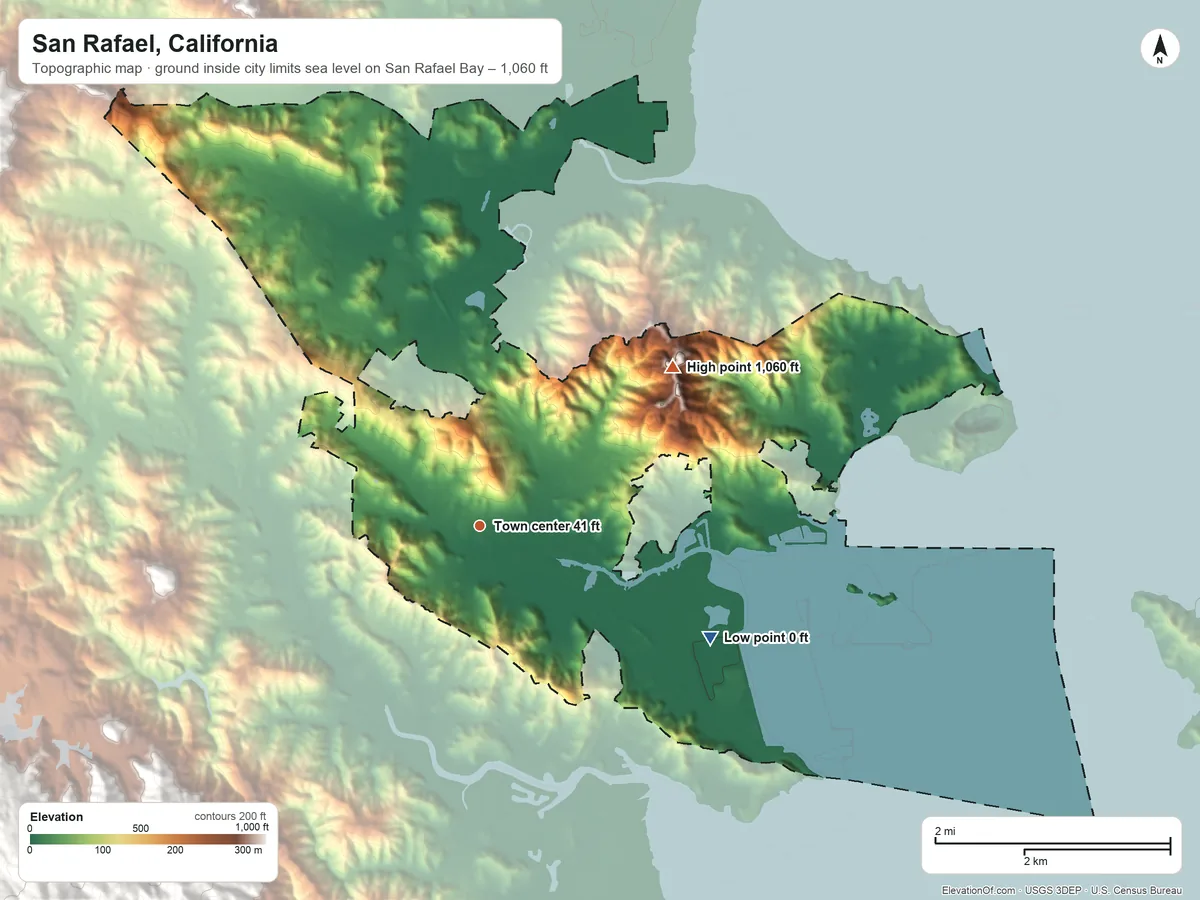 Topographic elevation map of San Rafael, California, shaded from sea level level on San Rafael Bay to 1,060 ft on the northeast side