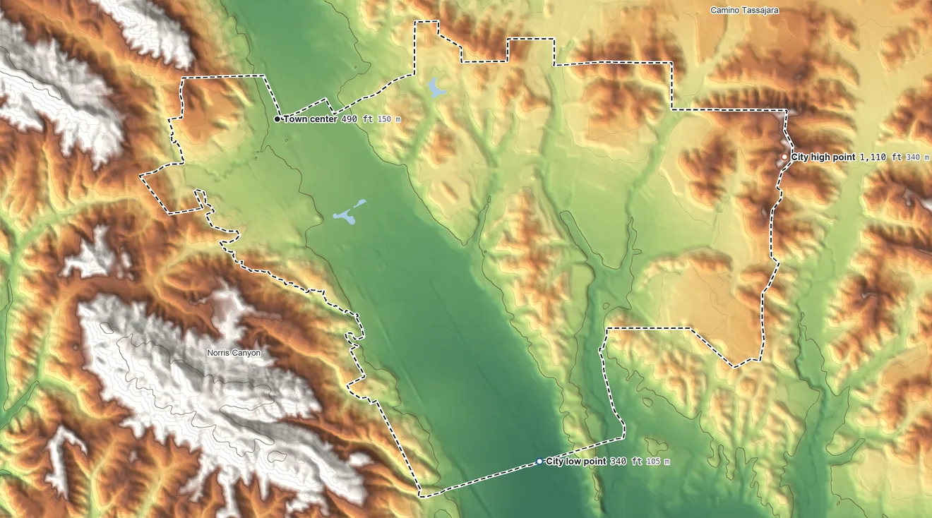 Topographic elevation map of San Ramon, California, shaded from 340 ft on the southeast side to 1,110 ft on the east side