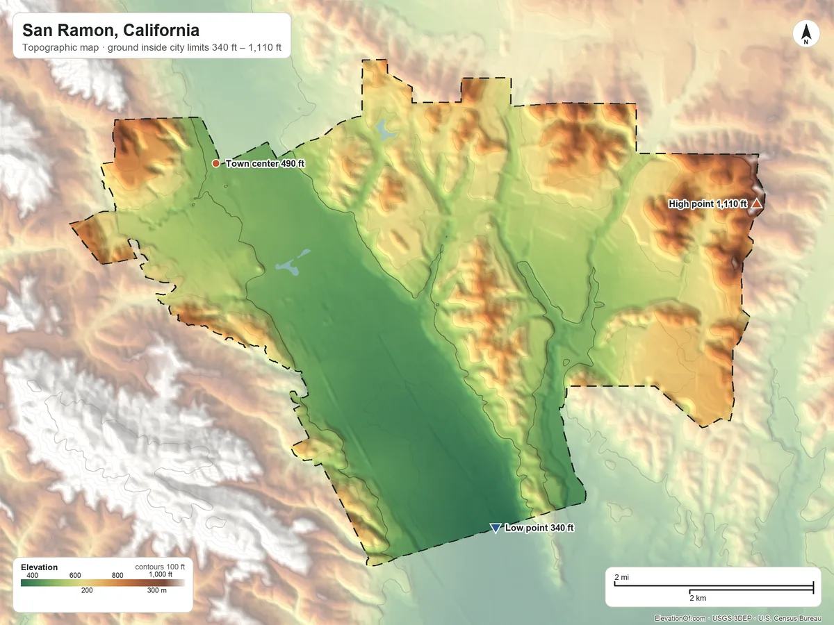 Topographic elevation map of San Ramon, California, shaded from 340 ft on the southeast side to 1,110 ft on the east side