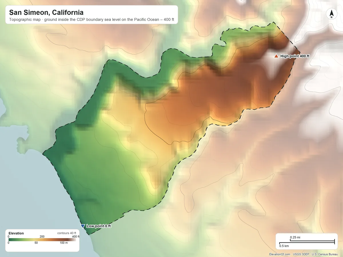 Topographic elevation map of San Simeon, California, shaded from sea level level on the Pacific Ocean to 400 ft on the northeast edge, below higher ground just outside