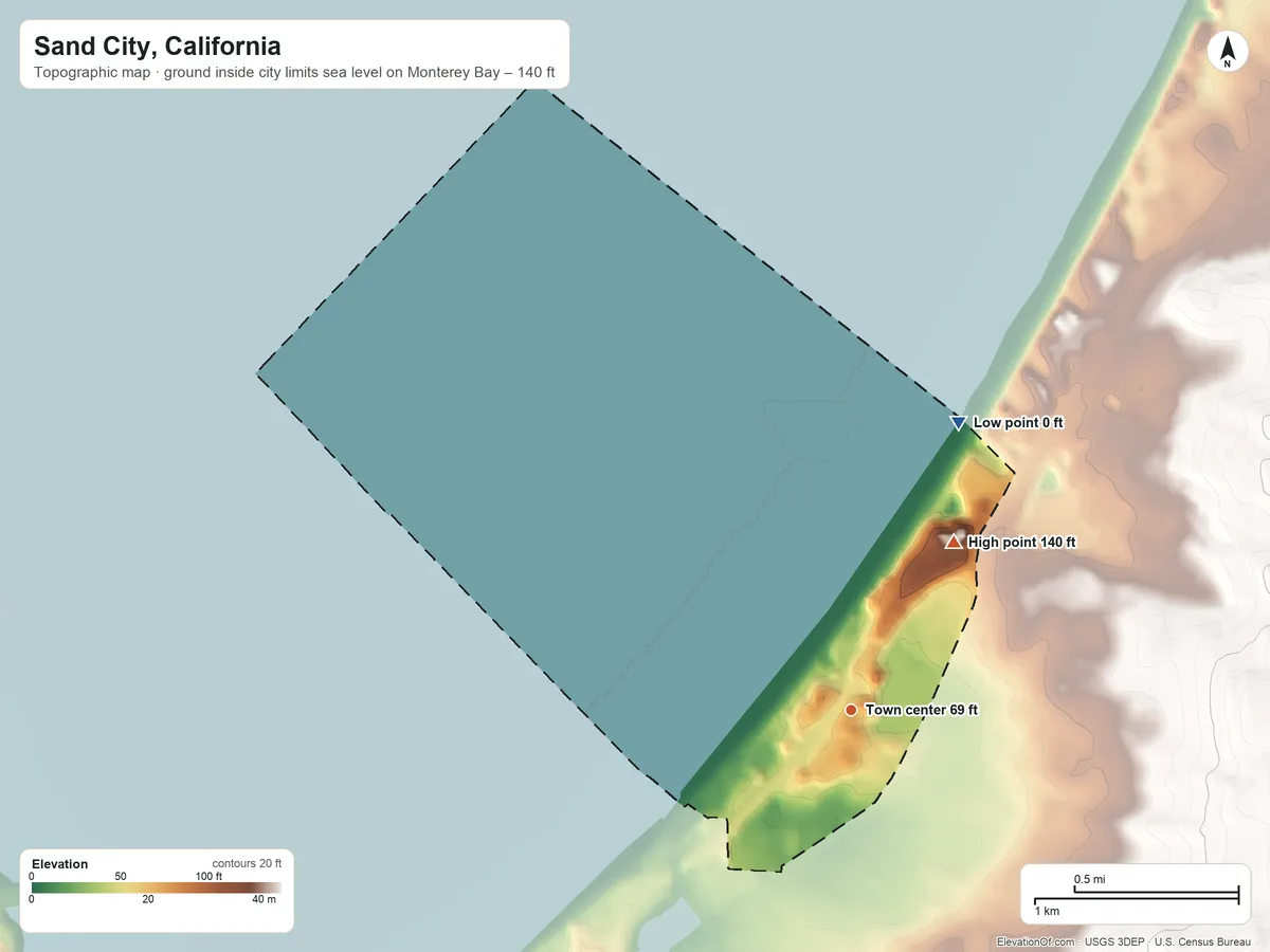 Topographic elevation map of Sand City, California, shaded from sea level level on Monterey Bay to 140 ft on the northeast edge, below higher ground just outside