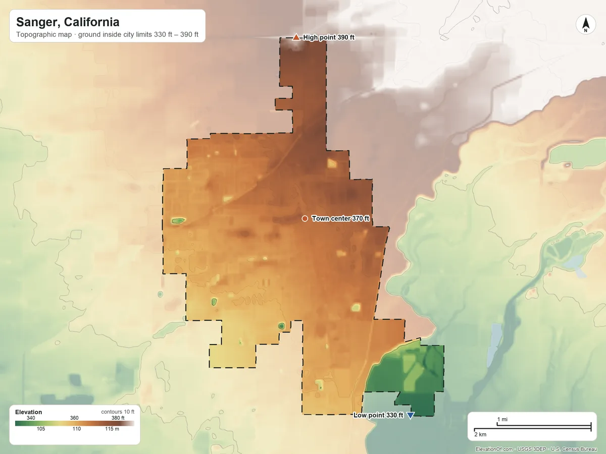 Topographic elevation map of Sanger, California, shaded from 330 ft on the southeast side to 390 ft on the north side