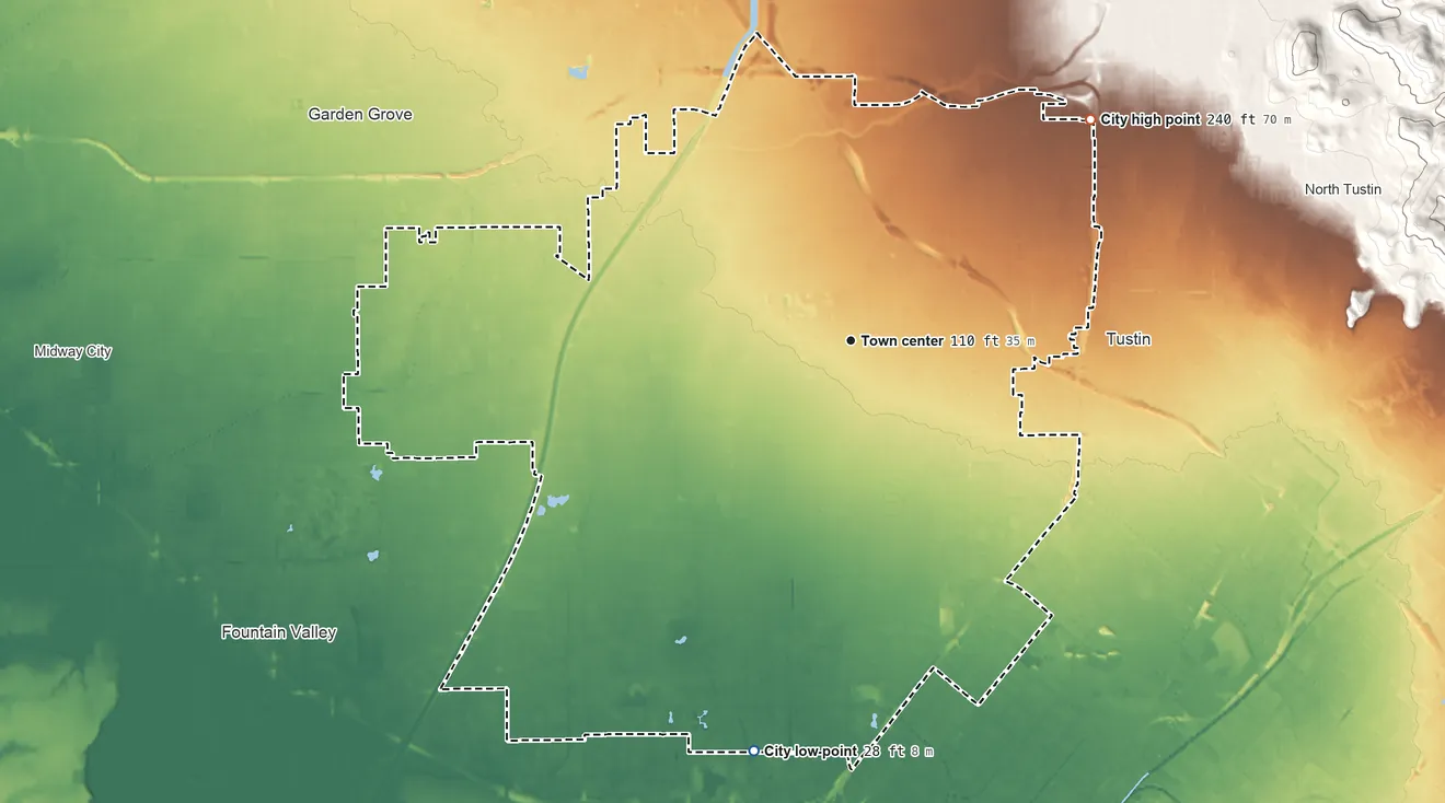 Topographic elevation map of Santa Ana, California, shaded from 28 ft on the south side to 240 ft at the foot of the Peralta Hills